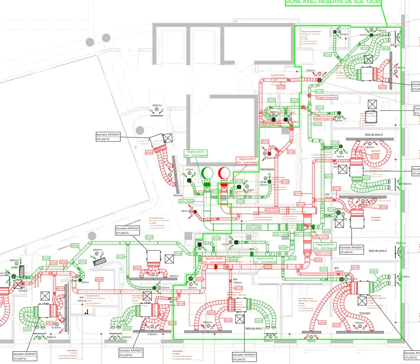 Plan d'exécution ventilation du cabinet dentaire, réseaux d'air soufflé et repris